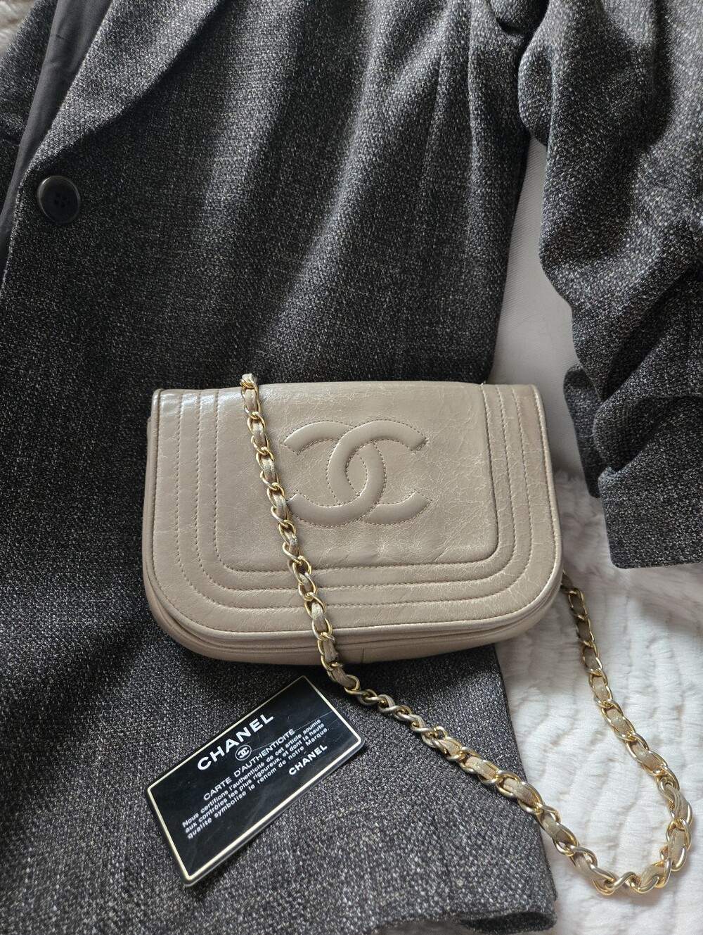 Authentic Vintage Chanel Timeless CC Curved Flap Bag Beige Lambskin GHW